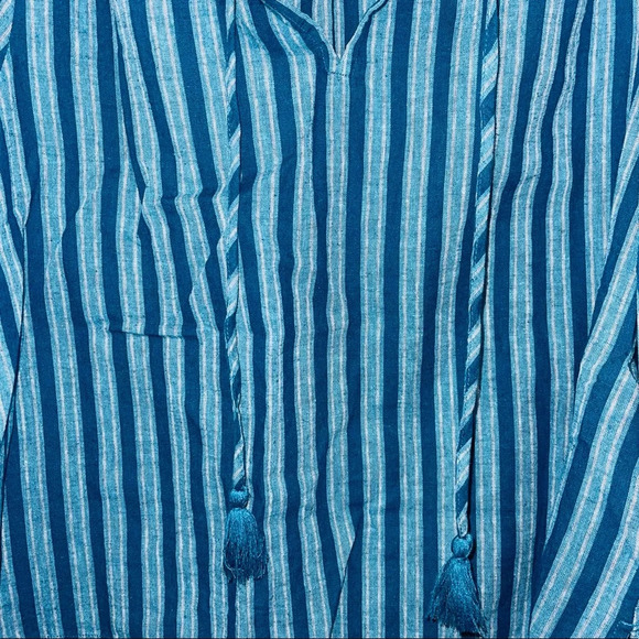 LOFT Beach Teal & Blue Striped Split Neck Popover Top Medium Women’s - Picture 3 of 11